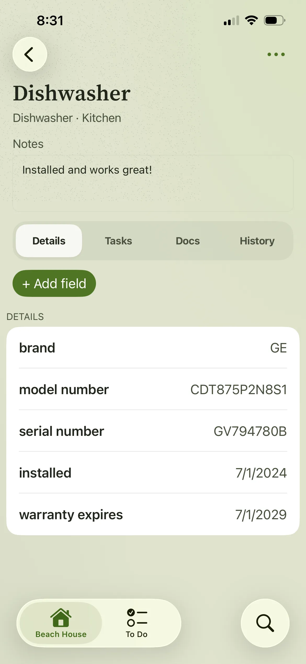 Lime Log Dishwasher Details screen showing notes, GE brand, model, serial, installed date, and warranty