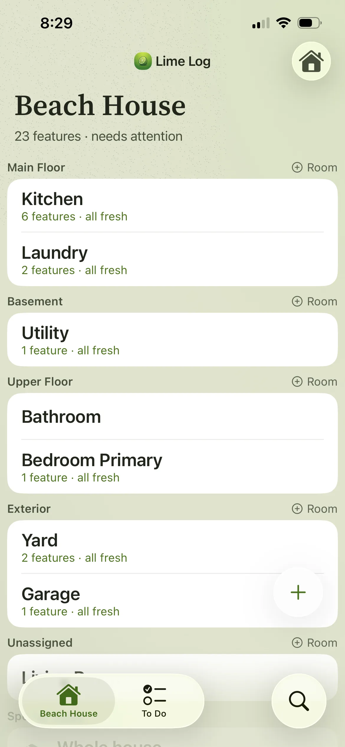 Lime Log Beach House screen showing 23 features, needs attention, zones, rooms, and all fresh room rollups